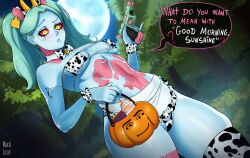 Rule 34 | 1girl, aged up, animal ears, animal print, apron, artist name, bikini, black bikini, black thighhighs, blue skin, body markings, bow, bowtie, breasts, closed mouth, collar, colored sclera, colored skin, confused, cow ears, cow horns, cow print, cow print bikini, cow print thighhighs, cyberpunk (series), cyberpunk edgerunners, cyborg, detached collar, embarrassed, english text, eyelashes, eyepatch bikini, fake animal ears, fake horns, feet out of frame, female focus, forest, green eyes, green hair, gun, halloween, handgun, hands up, holding, holding gun, holding weapon, horns, long hair, looking afar, looking down, medium breasts, mochi lover, moon, multicolored bikini, nature, navel, night, outdoors, print bikini, print thighhighs, pumpkin, rebecca (cyberpunk), red sclera, solo, speech bubble, standing, swimsuit, thick thighs, thighhighs, thighs, twintails, two-tone bikini, two-tone thighhighs, weapon, white apron, white bikini, white collar, white thighhighs