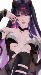 1girl bare_shoulders black_choker black_leotard black_pantyhose breasts choker cleavage cleavage_cutout closed_mouth clothing_cutout collarbone demon_girl demon_horns detached_sleeves elbow_gloves eyebrows_hidden_by_hair eyeshadow facing_viewer fake_horns genshin_impact gloves highres horns knee_up large_breasts lart_art1 leotard lipstick long_hair looking_at_viewer makeup pantyhose pink_lips purple_eyes purple_hair purple_nails raiden_shogun red_eyeshadow side_cutout sitting solo stomach_cutout strapless strapless_leotard very_long_hair white_background