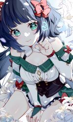 Rule 34 | 1girl, absurdres, akasha terminal, black hair, blue nails, breasts, cleavage, detached collar, dress, flower, genshin impact, gloves, green eyes, highres, jewelry, katheryne (genshin impact), light blush, looking at viewer, looking up, luobotou cuncun zhang, medium breasts, off shoulder, on floor, red ribbon, ribbon, ring, short hair, solo, thighs, white background, white dress