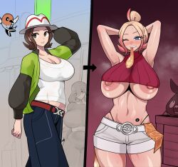 2others 3girls alternate_breast_size bimbofication bird black_hair blue_eyes breasts cleavage condom condom_in_mouth corruption covered_navel creatures_(company) cum harmony_(pokemon) fletchling game_freak gen_5_pokemon gen_6_pokemon hair_between_eyes hex_maniac_(pokemon_legends:_z-a) highres huge_breasts huge_nipples large_areolae large_breasts long_hair mouth_hold multiple_girls multiple_others navel nintendo nipples open_mouth pokemon pokemon_(creature) pokemon_legends:_z-a sidneyholic smile stray_pubic_hair taunie_(pokemon) thong trubbish used_condom whale_tail_(clothing)