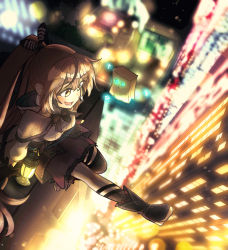 1girl belt boots building bush city city_lights cityscape cloak corset dagger ddolbang feathers fingerless_gloves friend_(nanashi_mumei) gloves glowing hair_ornament highres hololive hololive_english knife lantern nanashi_mumei nanashi_mumei_(1st_costume) ponytail pouch ribbon rooftop runes shirt skirt skyscraper smile thighhighs virtual_youtuber weapon