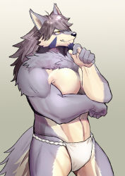 1boy abs animal_ears bara beige_fur bulge daikaijuu_monogatari facial_hair fang feet_out_of_frame fundoshi furry furry_male goatee hair_between_eyes japanese_clothes large_pectorals long_hair male_focus mature_male muscular muscular_male navel navel_hair pectoral_lift pectorals ryulabo solo stomach stroking_beard temujin_(housamo) thick_thighs thighs tokyo_houkago_summoners topless_male underwear underwear_only wolf_boy wolf_ears