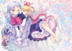 3girls :o amo_(shibu3) barefoot bed blonde_hair bloomers blue_eyes blush bow brown_dress brown_shirt closed_mouth commentary_request dress fingernails green_eyes hair_bow hair_ribbon heart highres layered_sleeves long_hair long_sleeves looking_at_viewer medicine_melancholy multicolored_dress multiple_girls no_headwear on_bed parted_lips pink_bow profile puffy_short_sleeves puffy_sleeves red_bow red_ribbon red_skirt ribbon shirt short_hair short_over_long_sleeves short_sleeves silver_hair sitting skirt star_(symbol) su-san touhou underwear very_long_hair white_bloomers yagokoro_eirin