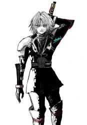 1boy aged_down armor black_coat black_gloves black_pants closed_mouth coat commentary_request feet_out_of_frame final_fantasy final_fantasy_vii final_fantasy_vii_ever_crisis gloves green_eyes grey_hair highres long_sleeves looking_at_viewer male_focus monochrome pants sephiroth sephiroth_(ever_crisis) shinogu_r short_hair shoulder_armor signature solo spot_color standing straight-on sweater sword sword_on_back turtleneck turtleneck_sweater weapon weapon_on_back white_background