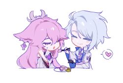 1boy 1girl animal_ear_piercing animal_ears blue_hair chibi chibi_inset chinese_commentary chopsticks closed_eyes closed_mouth coat collared_coat couple detached_sleeves feeding food genshin_impact hair_between_eyes headpiece heart hetero holding holding_chopsticks japanese_clothes jewelry kamisato_ayato light_blush light_smile long_hair long_sleeves open_mouth pendant pink_hair plate short_hair simple_background spoken_heart standing svann sweatdrop table very_long_hair wagashi wavy_mouth white_background white_coat wide_sleeves yae_miko