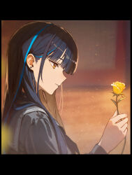 1girl absurdres black_hair black_sailor_collar blurry earrings flower guan_byeol highres holding holding_flower jewelry letterboxed long_hair long_sleeves looking_at_object multicolored_hair orange_eyes original parted_lips profile rose sailor_collar school_uniform shirt solo streaked_hair stud_earrings yellow_flower yellow_rose