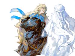 1boy 1girl ^_^ azem_(ff14) bandaged_hand bandages black_robe blonde_hair blue_scarf braid closed_eyes cowboy_shot final_fantasy final_fantasy_xiv half_up_half_down_braid highres long_hair mask mask_around_neck open_mouth robe scarf simple_background smile sophist&#039;s_robe_(ff14) temporoyales unworn_mask venat_(ff14) white_background white_robe