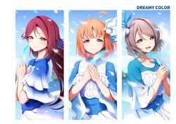 3girls ahoge amagi_(volfuji) blue_dress blue_eyes blue_sky blush brown_hair closed_mouth cloud cloudy_sky dot_nose dreamy_color_(love_live!) dress feathers from_side grey_hair hair_ornament highres long_hair long_sleeves looking_at_viewer loose_clothes love_live! love_live!_sunshine!! multiple_girls ocean open_mouth orange_hair outdoors own_hands_together red_eyes red_hair ribbon sakurauchi_riko short_hair simple_background sky smile takami_chika watanabe_you water wavy_hair white_background white_dress yellow_eyes