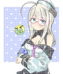 1girl 1other ahoge armband black_sailor_collar blue_eyes dixie_cup_hat glasses gloves grey_hair hat headgear heywood_l._edwards_(kancolle) houndstooth kantai_collection long_hair looking_at_viewer military_hat neckerchief off-shoulder_shirt off_shoulder pink_neckerchief sagamiso sailor_collar school_uniform serafuku shirt single_glove twitter_username upper_body watermark white_gloves white_shirt