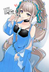 1girl blue_dress blue_hair blush braid braided_hair_rings breasts choker cleavage dress fate/grand_order fate_(series) flower grey_hair hair_flower hair_ornament hair_rings high_ponytail highres johanna_(fate) long_hair long_sleeves looking_at_viewer medium_breasts multicolored_hair ponytail purple_eyes smile solo tongue tongue_out two-tone_hair very_long_hair wagu_neru