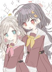 Rule 34 | 2girls, :d, black hair, blue eyes, blush, brown dress, ceras yanagida lilienfeld, col person, commentary, cowboy shot, design speculation, dress, grey hair, hair ornament, hair ribbon, hasu no sora school uniform, highres, katsuragi izumi, link! like! love live!, long hair, long sleeves, love live!, multiple girls, neckerchief, open mouth, orange eyes, parted lips, pink neckerchief, pink ribbon, pleated dress, ribbon, sailor collar, sailor dress, school uniform, simple background, slit pupils, smile, sparkle, swept bangs, triangle hair ornament, wavy hair, white background, white sailor collar, winter uniform, wolf cut, yellow neckerchief