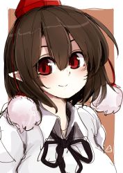 1girl azumaya_toushirou bad_id bad_pixiv_id black_ribbon blush border breasts brown_background brown_hair commentary_request female_focus hair_between_eyes hat highres large_breasts looking_at_viewer neck_ribbon outside_border pointy_ears pom_pom_(clothes) poop puffy_short_sleeves puffy_sleeves red_eyes ribbon shameimaru_aya shirt short_hair short_sleeves simple_background sketch smile solo tassel tokin_hat touhou upper_body white_border white_shirt wing_collar
