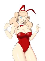 1girl absurdres alternate_costume animal_ear_hairband animal_ears bare_legs bare_shoulders blonde_hair blue_eyes bow bowtie breasts cleavage covered_navel cowboy_shot detached_collar earrings fake_animal_ears hair_ornament hairband hairclip hands_up highres jewelry large_breasts leotard long_hair nahone_peko one_eye_closed parted_lips persona persona_5 playboy_bunny rabbit_ear_hairband rabbit_ears rabbit_tail red_bow red_bowtie red_leotard simple_background solo stud_earrings tail takamaki_anne twintails wavy_hair white_background wrist_cuffs