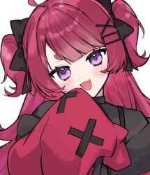 Rule 34 | 1girl, :3, black bow, black shirt, blunt bangs, bow, character request, cross-laced clothes, cross-laced sleeves, fang, hair bow, hair ornament, hand on own chin, hand up, happy, heart, heart-shaped pupils, highres, indie virtual youtuber, layered clothes, long hair, looking ahead, looking at viewer, open mouth, osr 00 osr, purple eyes, red hair, red sleeves, shirt, short eyebrows, simple background, skin fang, sleeves past wrists, solo, square hair ornament, straight-on, symbol-shaped pupils, two side up, upper body, white background, x hair ornament