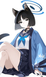 absurdres amy_016 animal_ears black_eyes black_hair black_nails black_sailor_collar blue_archive blue_halo blue_haori blue_neckerchief bright_pupils cat_ears cat_tail colored_inner_animal_ears halo haori highres japanese_clothes kikyou_(blue_archive) long_sleeves looking_at_viewer nail_polish neckerchief pleated_skirt sailor_collar school_uniform serafuku short_hair skirt tail white_pupils