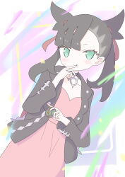 Rule 34 | 1girl, asymmetrical bangs, backpack, bag, black choker, black hair, black jacket, black nails, choker, closed mouth, collarbone, dress, dusk ball, green eyes, hair ribbon, hand to own mouth, hand up, highres, holding, holding poke ball, jacket, looking at viewer, marnie (pokemon), nintendo, pink dress, poke ball, pokemon, pokemon swsh, ribbon, shisa-tsukishima, solo, undercut