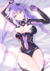 1girl arms_up black_leotard blue_eyes blush boots braid breasts breasts_apart cleavage_cutout clothing_cutout covered_navel expressionless hair_between_eyes half-closed_eyes hip_focus legs_together leotard light_frown long_hair looking_at_viewer lying medium_breasts neptune_(series) on_back power_symbol purple_hair purple_heart_(neptunia) ray_726 skin_tight solo symbol-shaped_pupils thigh_boots thighs twin_braids twintails very_long_hair