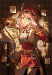 1girl adjusting_eyewear aqua_eyes aqua_gemstone argyle bare_shoulders bellows_camera belt black_ribbon blush brooch buttons cabbie_hat camera charlotte_(genshin_impact) commentary_request cowboy_shot detached_sleeves eyelashes eyewear_strap frilled_sleeves frills gem genshin_impact gloves gold_trim hair_between_eyes hand_up hat hat_feather hat_ribbon high-waist_skirt highres holding holding_newspaper jewelry light_particles long_sleeves looking_at_viewer medium_hair monocle neck_ribbon newspaper open_mouth paper parted_bangs pink_hair pouch red_hat red_skirt red_sleeves ribbon sevallasd shirt side_slit sidelocks skirt sleeve_cuffs sleeveless sleeveless_shirt smile solo sparkle standing string_chart striped_ribbon suspender_skirt suspenders swept_bangs teeth thigh_pouch thigh_strap tilted_headwear tripod upper_teeth_only white_belt white_gloves white_shirt