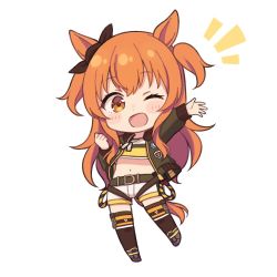 1girl animal_ears belt black_bow black_legwear blush bow chibi crop_top dog_tags green_jacket hair_bow horse_ears horse_girl horse_tail jacket long_hair looking_at_viewer mayano_top_gun_(umamusume) midriff navel one_eye_closed open_clothes open_jacket open_mouth orange_hair shiromikan shirt short_twintails shorts simple_background solo tail twintails umamusume waving white_background white_shorts yellow_eyes yellow_shirt