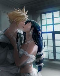 1boy 1girl bare_shoulders black_hair blonde_hair bow bowtie breasts cleavage cloud_strife collarbone couple dress earrings closed_eyes final_fantasy final_fantasy_vii final_fantasy_vii_remake flower formal_clothes hair_flower hair_ornament hand_on_another&#039;s_chest hand_on_another&#039;s_head hand_on_another&#039;s_hip highres indoors jewelry large_breasts lips long_hair necklace pearl_necklace spiked_hair spykeee square_enix suit tifa_lockhart twitter_username white_dress window