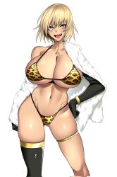 1girl :d animal_print bikini black_footwear black_gloves black_thighhighs border breasts coat commission corrupted_twitter_file cropped elbow_gloves fang full_body fur_coat gloves gold_bikini green_eyes grey_background hand_on_own_hip highres huge_breasts hz_(666v) jacket jewelry leopard_print necklace off_shoulder open_clothes open_mouth original second-party_source short_hair single_elbow_glove single_thighhigh skeb_commission smile standing swimsuit thighhighs triangle_necklace white_border white_coat
