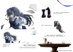 1girl aged_down angelia_(girls&#039;_frontline) artbook artist_name blue_shirt blueblossom chess_piece chinese_text collared_shirt cup dress drinking_glass flower food fruit girls&#039;_frontline grey_dress grey_hair holding holding_photo knight_(chess) lemon lemon_slice necktie photo_(object) pinafore_dress red_necktie rook_(chess) rose shirt sleeveless sleeveless_dress table white_background
