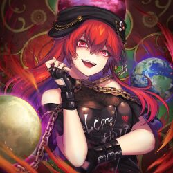 Rule 34 | 1girl, absurdres, adapted costume, album cover, alternate hair length, alternate hairstyle, arm support, black choker, black gloves, black hat, black shirt, breasts, chain, choker, clothes writing, commentary request, cover, earth (ornament), fingerless gloves, gloves, gold chain, hair between eyes, hands up, hat, heart, heart print, hecatia lapislazuli, highres, jewelry, legacy of lunatic kingdom, long hair, looking at viewer, medium breasts, moon (ornament), off-shoulder shirt, off shoulder, re (re 09), red eyes, red hair, ring, second-party source, shirt, short sleeves, smile, solo, t-shirt, teeth, tongue, touhou, underworld (ornament), upper body, v-shaped eyebrows