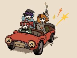 Rule 34 | 3girls, a.i. voice, adachi rei, ahoge, ayuuu65, binoculars, black hat, blue shirt, blush, brown coat, car, coat, drill hair, driving, goggles, goggles on head, green jacket, grey shirt, grin, hairband, hat, holding, holding binoculars, jacket, kasane teto, long sleeves, motor vehicle, multiple girls, open mouth, orange eyes, orange hair, purple hair, red eyes, shirt, short hair, signature, smile, triangle mouth, twin drills, twitter username, utane uta, utau, watermark