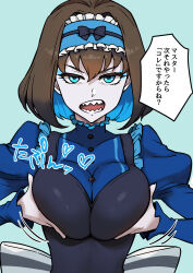 1girl absurdres autoscorer black_hair blue_eyes blue_hair bow breasts breasts_squeezed_together colored_inner_hair dress garie_tuman hairband highres joints long_sleeves looking_at_viewer multicolored_hair nail_polish open_mouth pale_skin pikumin64 puffy_sleeves senki_zesshou_symphogear sharp_teeth short_hair solo teeth translation_request two-tone_hair