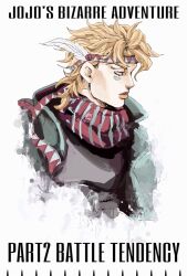 1boy battle_tendency blonde_hair blue_headband blue_jacket blue_scarf caesar_anthonio_zeppeli commentary commentary_request cropped_torso english_text facial_mark feather_hair_ornament feathers hair_ornament headband jacket jojo_no_kimyou_na_bouken male_focus marin_(marine-sky-earth) orange_lips profile red_headband red_scarf scarf solo striped_clothes striped_scarf triangle_print vertical-striped_clothes vertical-striped_scarf