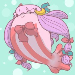 Rule 34 | animal focus, animalization, blue background, bow, bowtie, bubble, closed mouth, commentary request, crescent, crescent hat ornament, fish, full body, goldfish, hat, hat ornament, mob cap, no humans, onikobe rin, patchouli knowledge, pink hat, red bow, red bowtie, smile, touhou