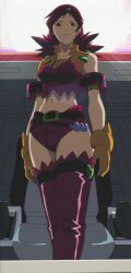 00s 1girl absurdres anime_screenshot breasts cleavage curvy gloves hair_ornament highres large_breasts legs_together long_hair looking_at_viewer micro_shorts midriff naomi_fluegel navel purple_eyes red_hair revealing_clothes ryona shiny_skin shorts simple_background smile spiked_hair standing third-party_edit zoids zoids_shinseiki/zero