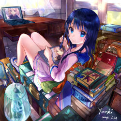 1girl absurdres ame_oto_aw artist_name blue_collar blue_eyes blue_hair blunt_ends book bookmark choppy_bangs closed_mouth collar commentary_request computer curtains dated day drawer drawing_tablet dress english_text eyelashes full_body highres holding holding_stylus lamp laptop long_hair looking_at_viewer looking_back open_drawer original pile_of_books pink_dress pink_shoes radio see-through_curtains shoes sitting sitting_on_object smile solo straight_hair stuffed_animal stuffed_toy stylus suitcase table tablet_pc turning_head window