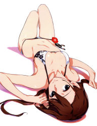 10s 1girl arm_up bikini black_eyes breasts brown_hair collarbone female_focus flower hair_between_eyes highres looking_at_viewer low_twintails lying navel on_back print_bikini robotics;notes scan side-tie_bikini_bottom simple_background small_breasts smile solo swimsuit tennouji_nae twintails white_background white_bikini