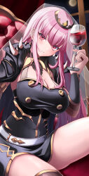 1girl absurdres alcohol black_dress black_thighhighs breasts chaoite0079 cleavage commentary cup dress drinking_glass glass highres holding holding_cup hololive hololive_english large_breasts long_hair mori_calliope mori_calliope_(1st_costume) pink_eyes pink_hair shoulder_spikes single_thighhigh sitting sleeveless sleeveless_dress solo spikes thick_thighs thighhighs thighs tiara veil virtual_youtuber wine wine_glass