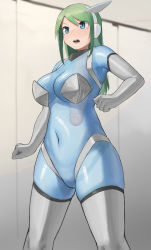 1girl blue_eyes blue_skin blurry blurry_background blush breasts censored character_request cleavage clenched_hands colored_skin commentary_request copyright_request dickneck elbow_gloves feet_out_of_frame gloves green_hair hair_between_eyes highres long_hair looking_away misplaced_genitals mosaic_censoring navel no_pussy open_mouth oruka_(kamituki0827) penis_neck sidelocks solo thick_thighs thighhighs thighs see-through_body