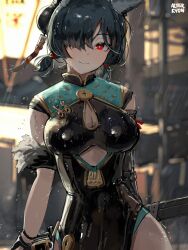 alterkyon animal_ears black_dress black_hair breasts china_dress chinese_clothes cleavage cleavage_cutout clothing_cutout cosplay dress fox_ears fox_girl gloves hair_over_one_eye highres hoshimi_miyabi pelvic_curtain rain red_eyes sweety_(zenless_zone_zero) sweety_(zenless_zone_zero)_(cosplay) sword tinted_eyewear twintails weapon wet yellow-tinted_eyewear zenless_zone_zero