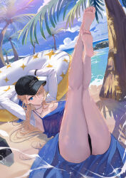 1girl absurdres barefoot baseball_cap beach bikini black_bikini blonde_hair blue_dress blue_eyes blue_sky breasts brown_dust_(series) brown_dust_2 commentary commentary_request dress english_commentary feet hat highres jewelry large_breasts legs_up long_hair luirck lying mixed-language_commentary necklace ocean on_back sand sky soles solo summer sweat swimsuit thighs toes tree white_innertube wilhelmina_(brown_dust)