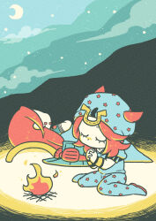 Rule 34 | 2boys, absurdres, beanie, beard, blue hat, blue hoodie, blue pants, campfire, cape, chibi, chibi only, closed eyes, cloud, commentary, commentary request, crescent moon, facial hair, fire, goggles, goggles on headwear, gyro zeppeli, hat, highres, hood, hood down, hoodie, horseshoe hat ornament, horseshoe ornament, johnny joestar, jojo no kimyou na bouken, long hair, m a a m 8, male focus, medium hair, moon, multiple boys, night, night sky, orange hair, own hands clasped, own hands together, pants, short sleeves, sitting, sky, sleeping, star (sky), star (symbol), star print, starry sky, steel ball run, unworn hat, unworn headwear, wariza, wristband