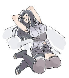 1girl arms_behind_head beerenfuchs black_eyes black_shorts blunt_bangs boots breasts closed_mouth full_body highres hyuuga_hinata large_breasts long_hair looking_at_viewer naruto:_the_last naruto_(series) open-toe_boots shorts sketch solo white_background white_eyes