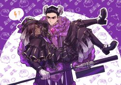 2boys black_capelet black_hair black_hat black_pants black_shoes black_vest bow brown_hair capelet carrying carrying_person claws dark-skinned_male dark_skin e.g.o_(project_moon) electric_screaming_(e.g.o) full_body fur_trim gloves gold_trim hat heathcliff_(project_moon) highres holding holding_weapon horns killerohan limbus_company long_sleeves looking_at_another male_focus meursault_(project_moon) multiple_boys necktie oufi_association_south_uniform pants project_moon purple_background purple_bow purple_eyes purple_necktie scar sheep_horns shoes short_hair simple_background standing upper_body vest weapon white_gloves wool
