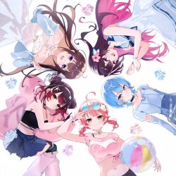 Rule 34 | 5girls, ahoge, aya02ka, azki (holonatsu paradise) (hololive), ball, beachball, belt, black hair, blue eyes, blue hair, blue shirt, blue skirt, breasts, circle formation, colored inner hair, dress, eyewear on head, flower, green eyes, hair bun, hair flower, hair ornament, hairclip, highres, hololive, holonatsu paradise, hoshimachi suisei (holonatsu paradise), long hair, looking at viewer, lying, medium breasts, medium hair, midriff, multicolored hair, multiple girls, navel, official alternate costume, open mouth, pink shirt, purple eyes, roboco-san (holonatsu paradise), sakura miko (holonatsu paradise), shirt, short hair, skirt, smile, streaked hair, tied shirt, tokino sora (holonatsu paradise), twintails, virtual youtuber, white background, white dress