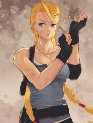 Rule 34 | 1girl, adjusting clothes, adjusting gloves, ahoge, bare shoulders, belt, blonde hair, blue eyes, braid, breasts, cammy white, commentary request, cosplay, facial scar, fingerless gloves, gloves, highres, holster, huge ahoge, jewelry, jill valentine, jill valentine (cosplay), long hair, medium breasts, necklace, resident evil, scar, scar on cheek, scar on face, shoulder holster, solo, street fighter, tank top, twin braids, upper body, yuenibushi