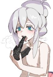 1girl black_mask blue_eyes blush bow_(bhp) colored_eyelashes deux_murasame dildo_under_mask freckles grey_hair gundam gundam_gquuuuuux hair_bun highres long_hair mask masked mouth_mask petite purple_pupils shoulder_blades simple_background updo white_background white_eyelashes white_hair