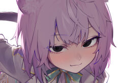 Rule 34 | 1girl, black eyes, empty eyes, eyelashes, highres, hololive, light blush, light smile, looking at viewer, nekomata, nekomata okayu, portrait, purple eyes, purple hair, sauce darusungi, short hair, simple background, solo, thumbnail collage, virtual youtuber, white background