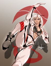 1girl abs blue_eyes bodysuit bondage_outfit bowalia breasts christie_(doa) closed_mouth dead_or_alive full-length_zipper gradient_background knee_up long_hair looking_at_viewer muscular muscular_female open_bodysuit open_clothes partially_unzipped smile solo unzipped white_hair zipper