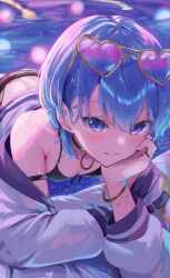 Rule 34 | 1girl, absurdres, arm rest, armpit crease, bikini, black bikini, blue eyes, blue hair, bracelet, breasts, choker, closed mouth, elbow rest, eyewear on head, gold bracelet, head rest, heart, heart-shaped eyewear, highres, hololive, hoshimachi suisei, jacket, jewelry, kama boko17, looking at viewer, ring, short hair, small breasts, smile, solo, star (symbol), star in eye, sunglasses, swimsuit, symbol in eye, tinted eyewear, virtual youtuber, wading, water, wet
