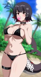 1girl absurdres bikini black_bikini black_choker black_hair blurry blurry_background blush breasts chewing_gum choker colored_inner_hair commentary ellen_joe english_commentary fins fish_tail highres indexxryo large_breasts looking_at_viewer mole mole_under_eye multicolored_hair navel razor_blade_hair_ornament red_eyes red_hair red_nails scar scar_on_tail shark_girl shark_tail short_hair solo swimsuit tail thigh_strap zenless_zone_zero