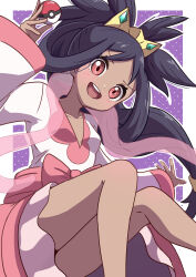 1girl :d absurdres arm_up black_hair bow collarbone commentary_request hair_rings highres holding holding_poke_ball iris_(pokemon) long_hair looking_down low-tied_long_hair nintendo open_mouth pink_bow pink_skirt poke_ball poke_ball_(basic) pokemon pokemon_bw2 red_eyes rono_(lethys) shirt skirt smile solo teeth upper_teeth_only v-neck white_shirt