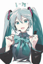 Rule 34 | 1girl, :d, aqua bow, aqua eyes, aqua hair, aqua nails, aqua trim, bare shoulders, black sleeves, bow, collared shirt, commentary, cropped torso, detached sleeves, frilled shirt, frills, grey shirt, hair between eyes, hair ornament, hands up, hatsune miku, headset, highres, holding, holding bow (ornament), long hair, looking at viewer, microphone, open mouth, rella, shirt, sidelocks, simple background, sleeveless, sleeveless shirt, smile, solo, symbol-only commentary, tie clip, twintails, upper body, vocaloid, white background, wide sleeves
